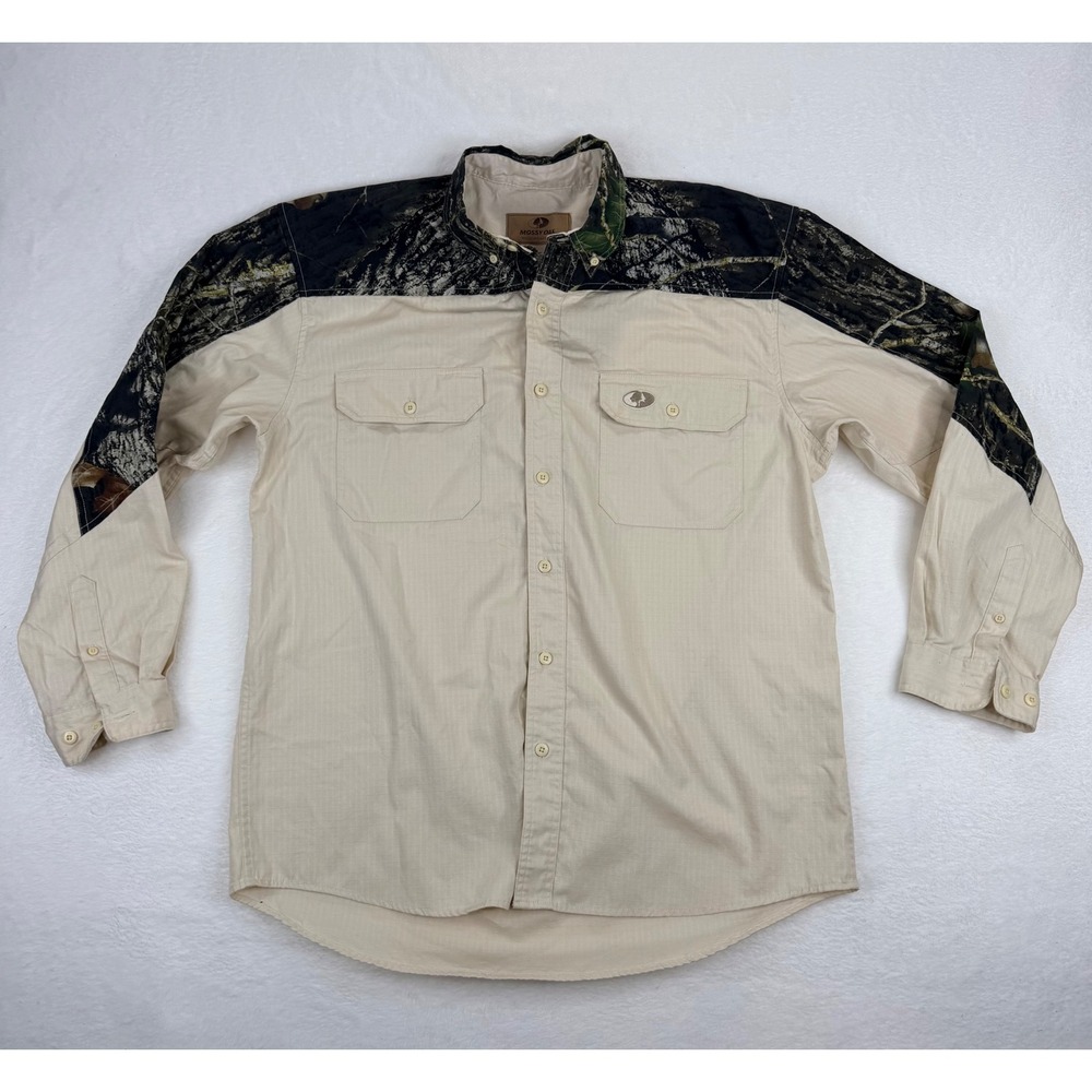 Mossy Oak Mens Ridgeline Long Sleeve Camo Tan Ripstop Button Down Shirt Size L